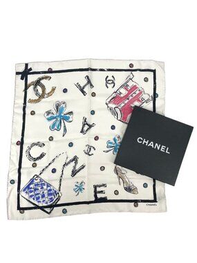 Chanel Icon Motif Scarf CC Logo Silk White